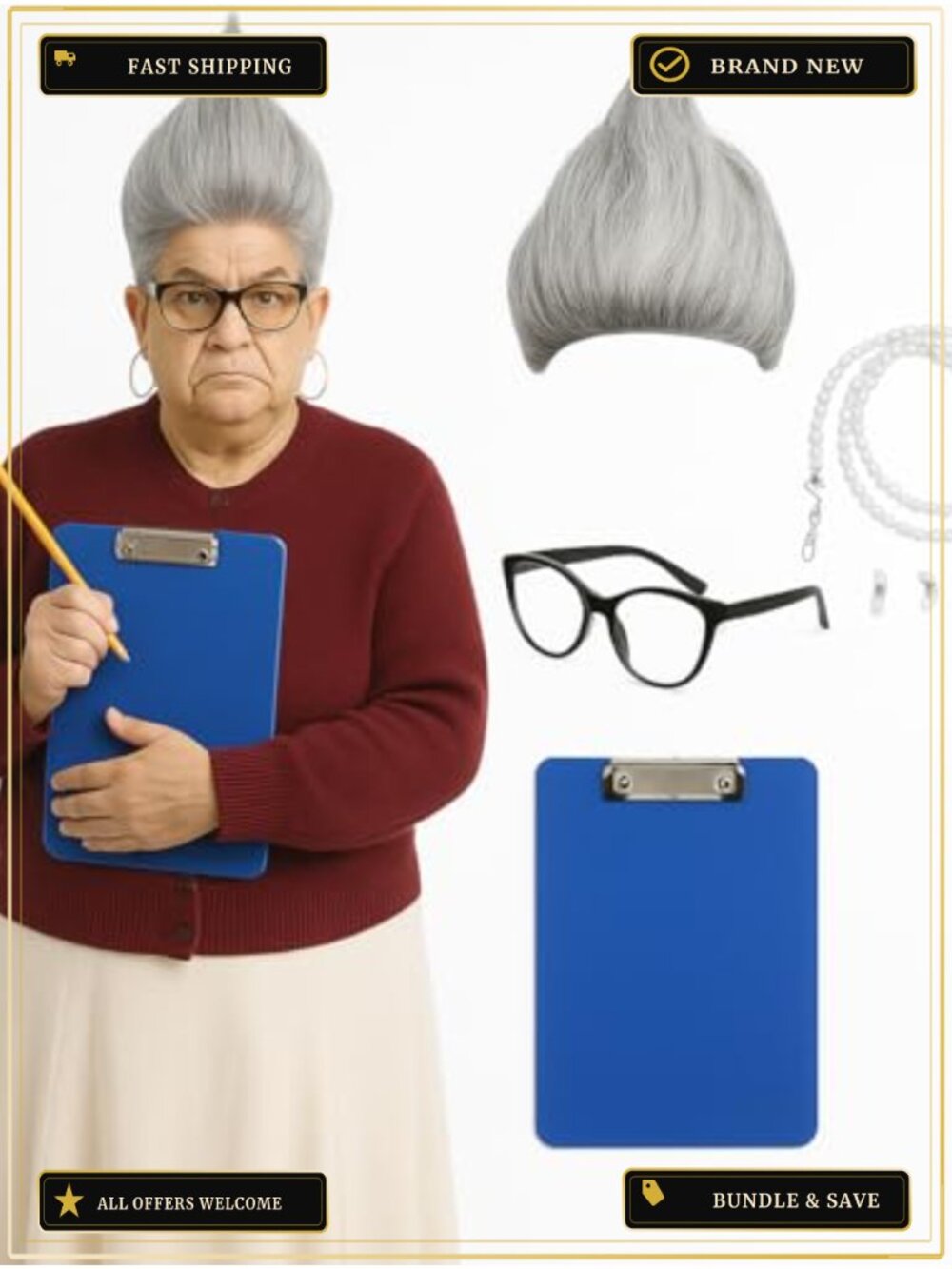 Womens Halloween Costume Accessory Set Wig Glasses Clipboard